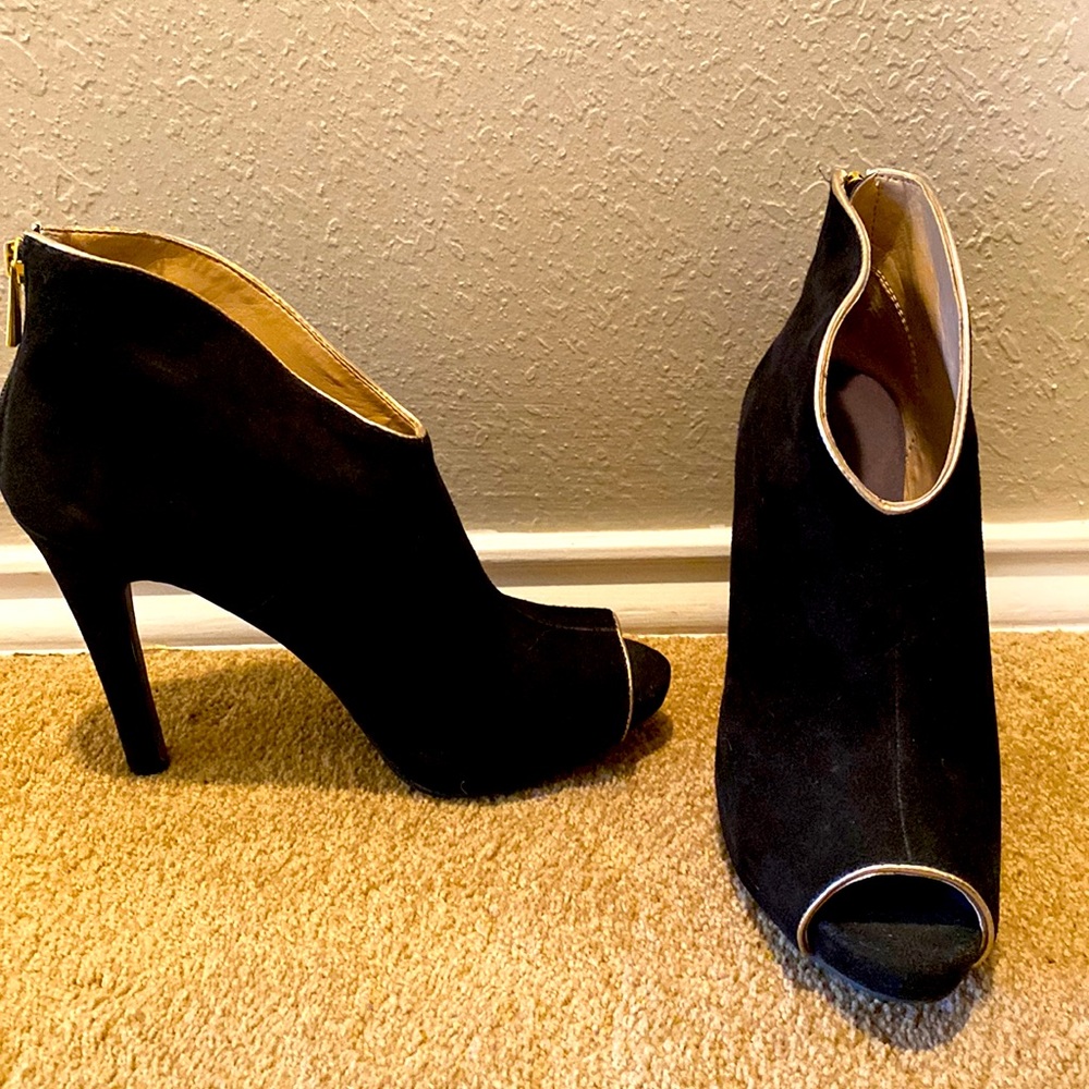 Black open toe booties with gold trim detail